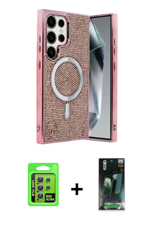 ieg™ Galaxy S24 Ultra Kılıf Eksen Çizgi - Şeffaf 360 Full Body Arka Koruyucu + Gümüş Raze Metal Kame