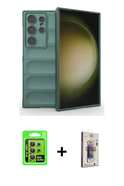 ieg™ Galaxy S24 Ultra Kılıf Atlas Koleksiyonu - Siyah Bilvis 3D Cam Ekran Koruyucu + Sarı Raze Metal