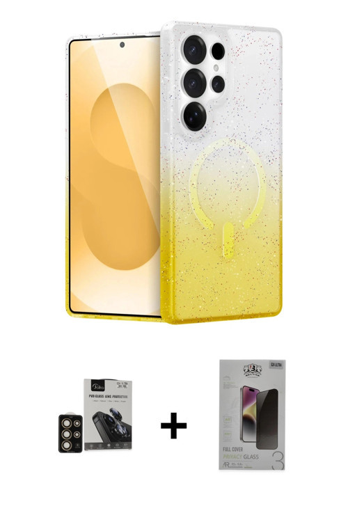 ieg™ Galaxy S24 Ultra Kılıf Eksen Minimal Özel Seri - Siyah Bilvis Hayalet Cam Ekran Koruyucu + Gold