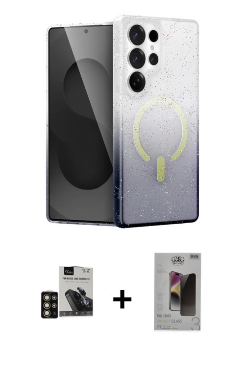 ieg™ Galaxy S24 Ultra Kılıf Eksen Minimal Özel Seri - Siyah Bilvis Hayalet Cam Ekran Koruyucu + Gold