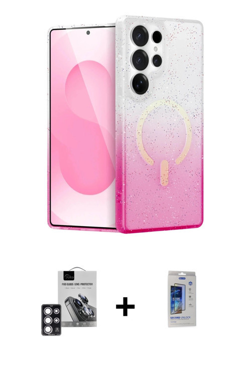 ieg™ Galaxy S24 Ultra Kılıf Eksen Minimal Özel Seri - Siyah Durable Full Glue Curved Cam + Pembe PVD