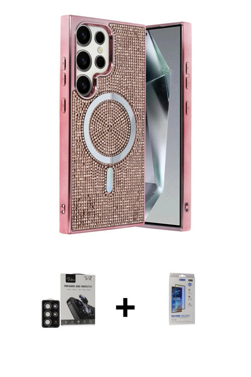 ieg™ Galaxy S24 Ultra Kılıf Eksen Çizgi - Siyah Durable Full Glue Curved Hayalet Cam + Derin Mor PVD