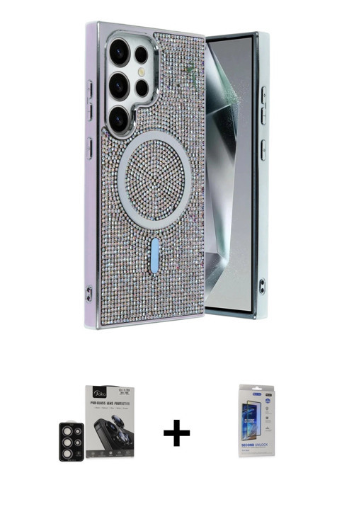 ieg™ Galaxy S24 Ultra Kılıf Eksen Çizgi - Siyah Durable Full Glue Curved Hayalet Cam + Derin Mor PVD