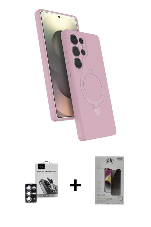 ieg™ Galaxy S24 Ultra Kılıf İz Işık Koleksiyonu - Siyah Bilvis Hayalet Cam Ekran Koruyucu + Pembe PV