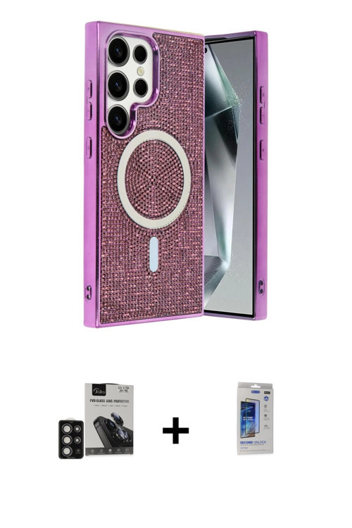 ieg™ Galaxy S24 Ultra Kılıf Eksen Çizgi - Siyah Durable Full Glue Curved Hayalet Cam + Derin Mor PVD