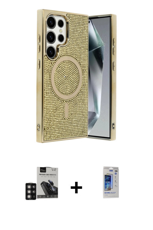 ieg™ Galaxy S24 Ultra Kılıf Eksen Çizgi - Siyah Durable Full Glue Curved Hayalet Cam + Derin Mor PVD