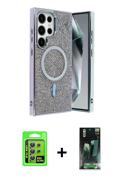 ieg™ Galaxy S24 Ultra Kılıf Eksen Çizgi - Şeffaf 360 Full Body Arka Koruyucu + Gümüş Raze Metal Kame