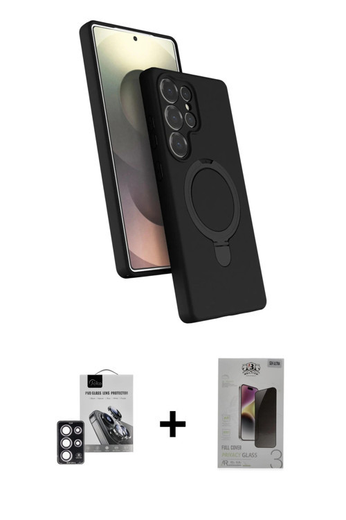 ieg™ Galaxy S24 Ultra Kılıf İz Işık Koleksiyonu - Siyah Bilvis Hayalet Cam Ekran Koruyucu + Pembe PV