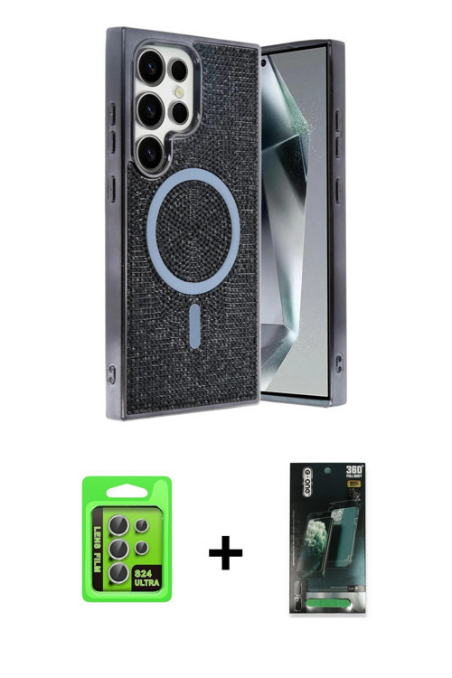 ieg™ Galaxy S24 Ultra Kılıf Eksen Çizgi - Şeffaf 360 Full Body Arka Koruyucu + Gümüş Raze Metal Kame