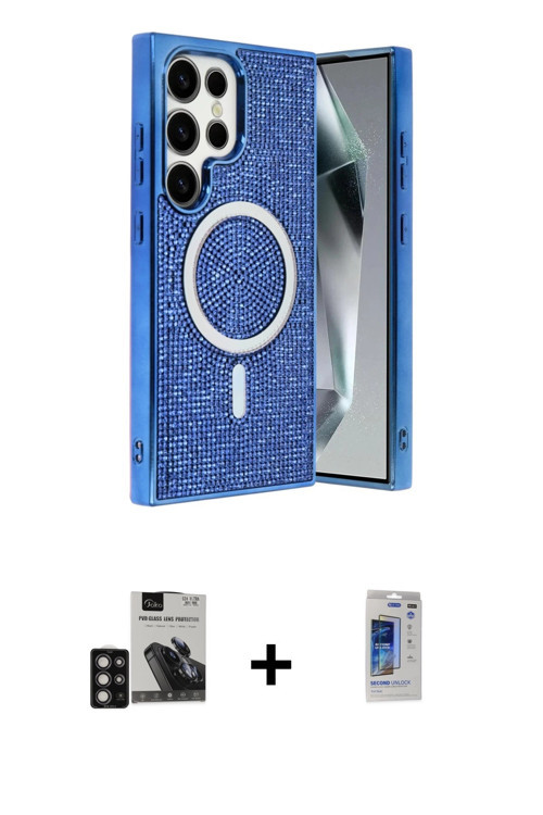 ieg™ Galaxy S24 Ultra Kılıf Eksen Çizgi - Siyah Durable Full Glue Curved Hayalet Cam + Derin Mor PVD