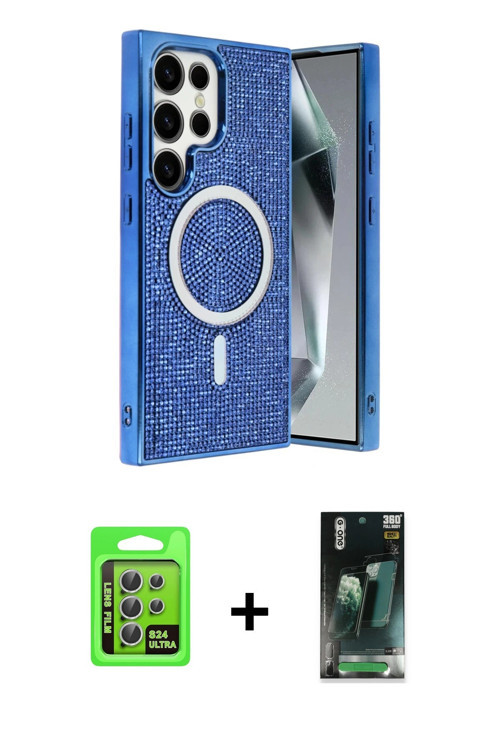 ieg™ Galaxy S24 Ultra Kılıf Eksen Çizgi - Şeffaf 360 Full Body Arka Koruyucu + Gümüş Raze Metal Kame