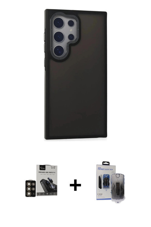 ieg™ Galaxy S24 Ultra Kılıf Eksen Işık - Siyah Vanessa Magic Hayalet Cam + Gold PVD Metal Kamera Len