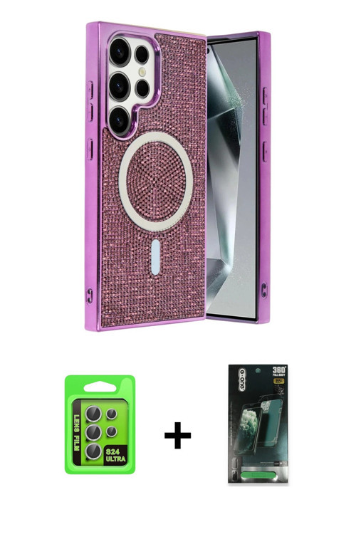 ieg™ Galaxy S24 Ultra Kılıf Eksen Çizgi - Şeffaf 360 Full Body Arka Koruyucu + Gümüş Raze Metal Kame