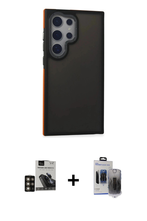 ieg™ Galaxy S24 Ultra Kılıf Eksen Işık - Siyah Vanessa Magic Hayalet Cam + Gold PVD Metal Kamera Len