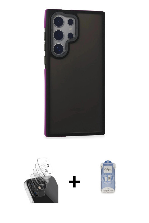 ieg™ Galaxy S24 Ultra Kılıf Eksen Işık - Siyah Joko Magic 5D Cam + Şeffaf Kamera Lens Koruma Cam