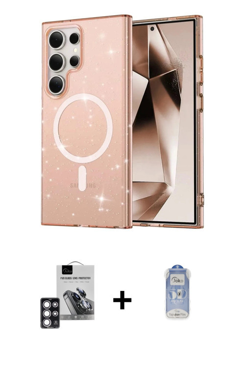 ieg™ Galaxy S24 Ultra Kılıf Nova Asil Prime - Siyah Joko Magic 5D Cam + Pembe PVD Metal Kamera Lens