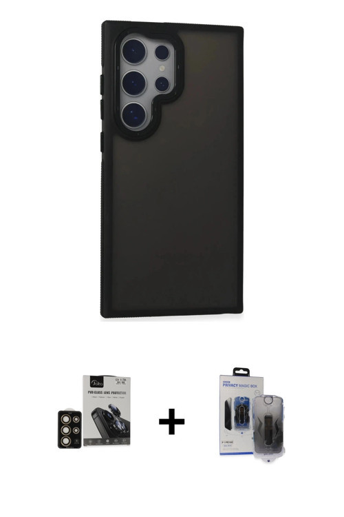 ieg™ Galaxy S24 Ultra Kılıf Eksen Işık - Siyah Vanessa Magic Hayalet Cam + Gold PVD Metal Kamera Len