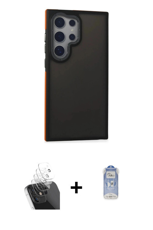 ieg™ Galaxy S24 Ultra Kılıf Eksen Işık - Siyah Joko Magic 5D Cam + Şeffaf Kamera Lens Koruma Cam
