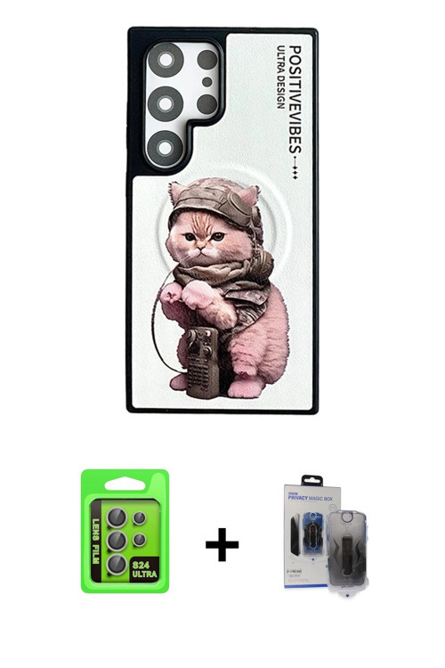 ieg™ Galaxy S24 Ultra Kılıf Siluet Modern Özel Seri - Siyah Vanessa Magic Hayalet Cam + Gri Raze Met