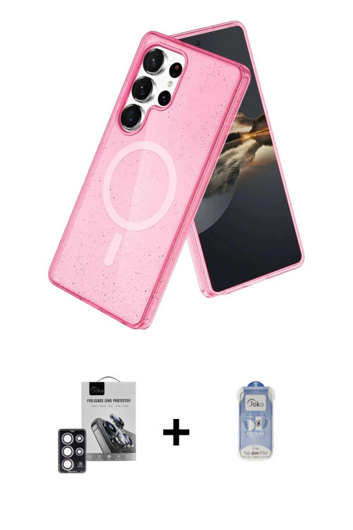 ieg™ Galaxy S24 Ultra Kılıf Nova Asil Prime - Siyah Joko Magic 5D Cam + Pembe PVD Metal Kamera Lens