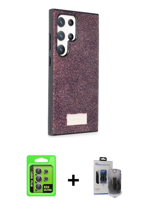 ieg™ Galaxy S24 Ultra Kılıf Vadi Klasik Serisi - Siyah Vanessa Magic Hayalet Cam + Mor Raze Metal Ka