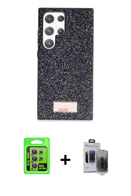 ieg™ Galaxy S24 Ultra Kılıf Vadi Klasik Serisi - Siyah Vanessa Magic Hayalet Cam + Mor Raze Metal Ka