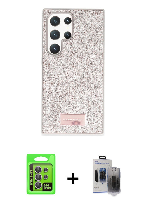 ieg™ Galaxy S24 Ultra Kılıf Vadi Klasik Serisi - Siyah Vanessa Magic Hayalet Cam + Mor Raze Metal Ka