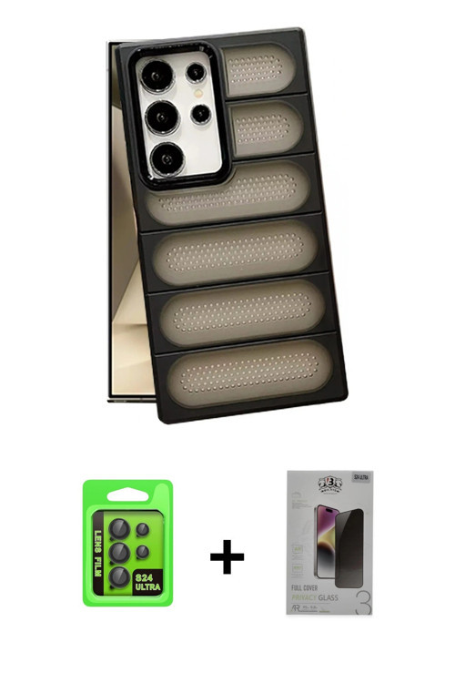 ieg™ Galaxy S24 Ultra Kılıf Yadigar Doku Özel Seri - Siyah Bilvis Hayalet Cam Ekran Koruyucu + Siyah