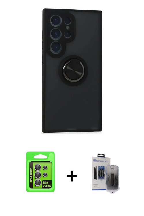 ieg™ Galaxy S24 Ultra Kılıf Yörünge Çizgi - Siyah Vanessa Magic Hayalet Cam + Mor Raze Metal Kamera