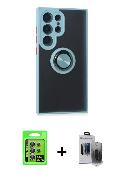 ieg™ Galaxy S24 Ultra Kılıf Yörünge Çizgi - Siyah Vanessa Magic Hayalet Cam + Mor Raze Metal Kamera