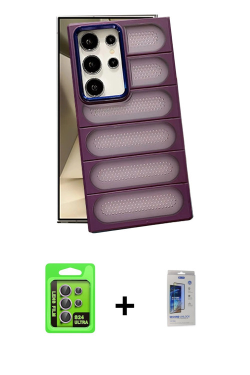 ieg™ Galaxy S24 Ultra Kılıf Yadigar Doku Özel Seri - Siyah Durable Full Glue Curved Cam + Mor Raze M