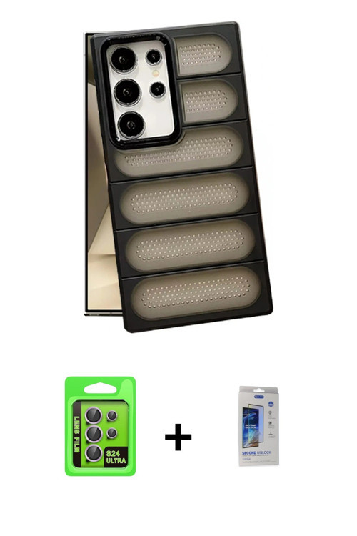 ieg™ Galaxy S24 Ultra Kılıf Yadigar Doku Özel Seri - Siyah Durable Full Glue Curved Cam + Mor Raze M