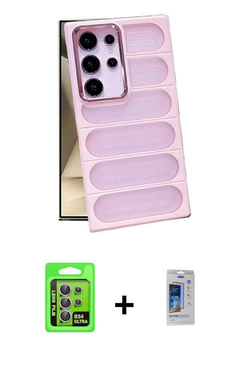 ieg™ Galaxy S24 Ultra Kılıf Yadigar Doku Özel Seri - Siyah Durable Full Glue Curved Cam + Mor Raze M