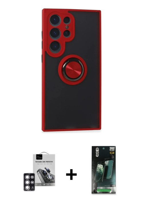 ieg™ Galaxy S24 Ultra Kılıf Yörünge Çizgi - Şeffaf 360 Full Body Arka Koruyucu + Pembe PVD Metal Kam