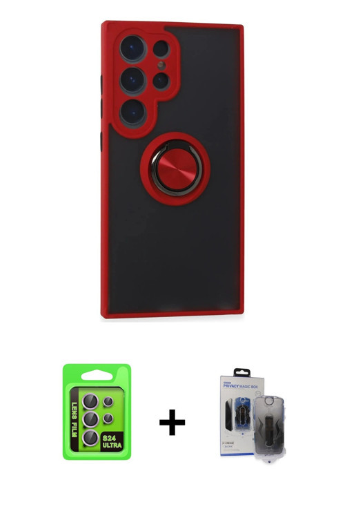 ieg™ Galaxy S24 Ultra Kılıf Yörünge Çizgi - Siyah Vanessa Magic Hayalet Cam + Mor Raze Metal Kamera
