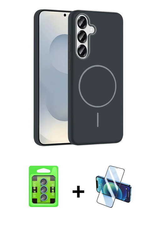 ieg™ Galaxy S25 Kılıf Siluet Doku Özel Seri - Siyah 3D Antistatik Seramik Nano Ekran Koruyucu + Mavi