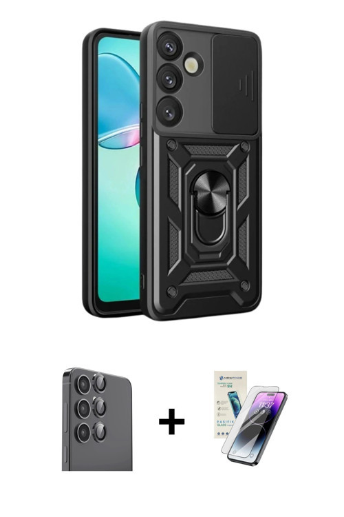 ieg™ Galaxy S25 Kılıf Ahenk Klasik - Şeffaf Pasifik Cam Ekran Koruyucu + Siyah Raze Metal Kamera Len