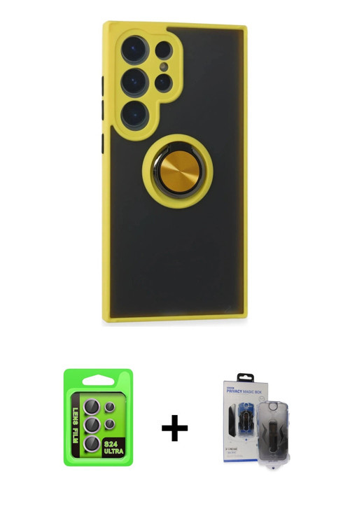 ieg™ Galaxy S24 Ultra Kılıf Yörünge Çizgi - Siyah Vanessa Magic Hayalet Cam + Mor Raze Metal Kamera
