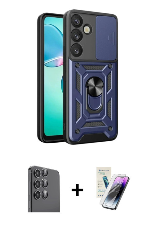 ieg™ Galaxy S25 Kılıf Ahenk Klasik - Şeffaf Pasifik Cam Ekran Koruyucu + Siyah Raze Metal Kamera Len