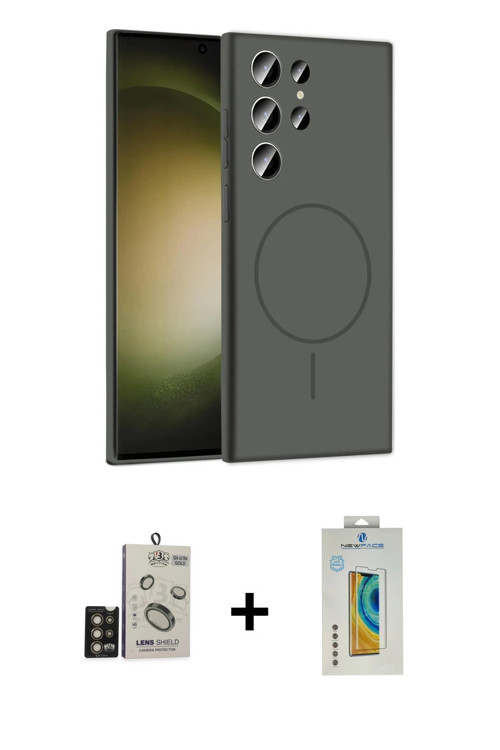 ieg™ Galaxy S24 Ultra Kılıf Yankı Form Serisi - Siyah Polymer Nano Ekran Koruyucu + Gold Bilvis Tita