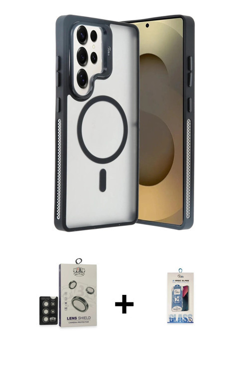 ieg™ Galaxy S25 Ultra Kılıf Akış Form - Siyah Joko Magic 5D Cam + Titan Gri Bilvis Titan Kamera Lens
