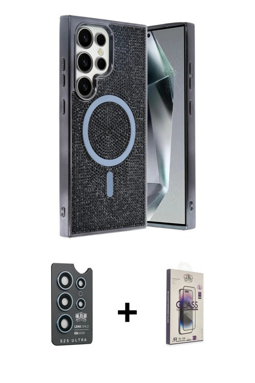 ieg™ Galaxy S25 Ultra Kılıf Eksen Çizgi - Siyah Bilvis 3D Cam Ekran Koruyucu + Lacivert Bilvis Titan