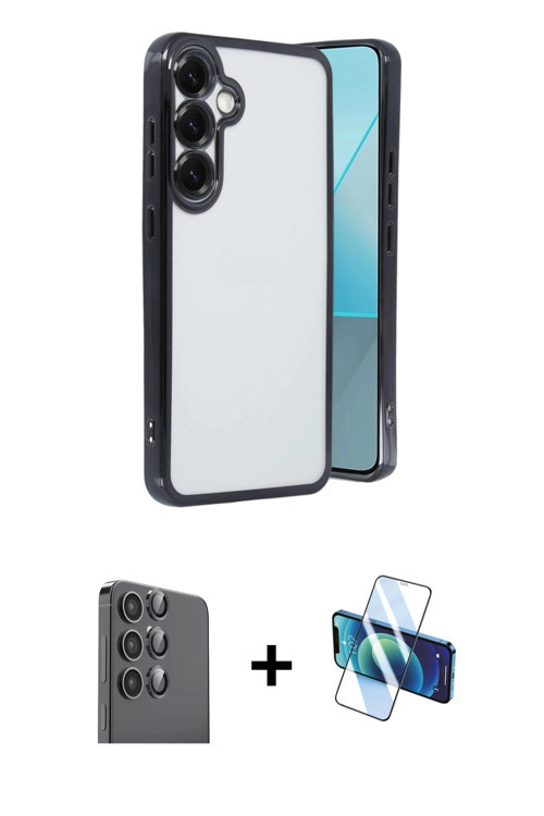 ieg™ Galaxy S25 Kılıf Vadi Minimal - Siyah 3D Antistatik Cam Ekran Koruyucu + Siyah Raze Metal Kamer