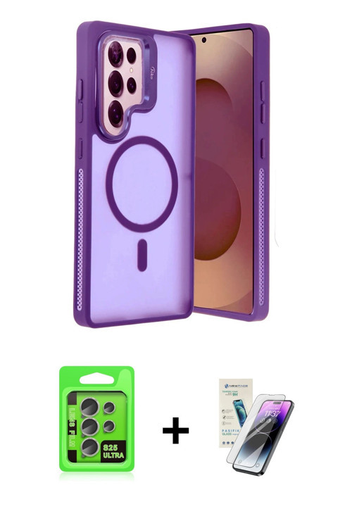 ieg™ Galaxy S25 Ultra Kılıf Akış Form - Şeffaf Pasifik Cam Ekran Koruyucu + Natural Grey Raze Metal