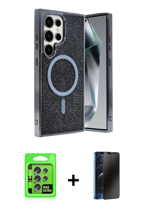 ieg™ Galaxy S25 Ultra Kılıf Eksen Çizgi - Siyah 3D Antistatik Hayalet Cam Ekran Koruyucu + Natural G