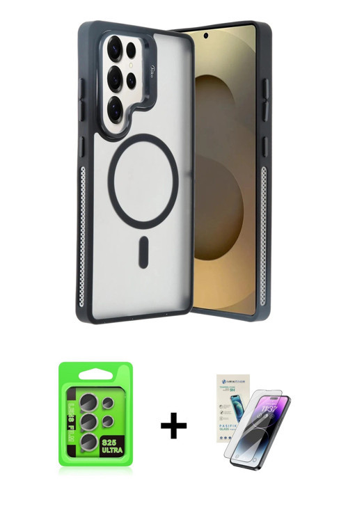ieg™ Galaxy S25 Ultra Kılıf Akış Form - Şeffaf Pasifik Cam Ekran Koruyucu + Natural Grey Raze Metal
