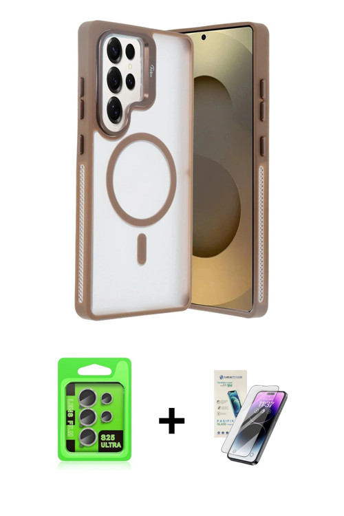 ieg™ Galaxy S25 Ultra Kılıf Akış Form - Şeffaf Pasifik Cam Ekran Koruyucu + Natural Grey Raze Metal