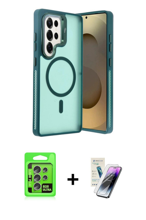ieg™ Galaxy S25 Ultra Kılıf Akış Form - Şeffaf Pasifik Cam Ekran Koruyucu + Natural Grey Raze Metal