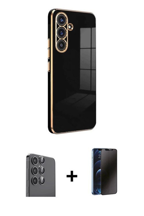 ieg™ Galaxy S25 Kılıf Yankı Serisi - Siyah 3D Antistatik Hayalet Cam Ekran Koruyucu + Siyah Raze Met