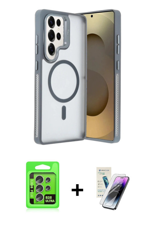 ieg™ Galaxy S25 Ultra Kılıf Akış Form - Şeffaf Pasifik Cam Ekran Koruyucu + Natural Grey Raze Metal